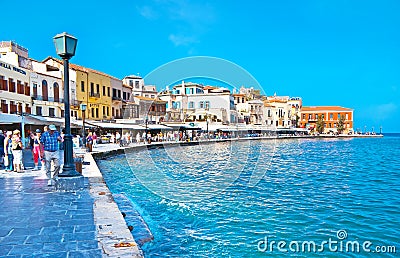The Akti Kountourioti promenade Chania harbor, on Oct 14, 2013 in Chania, Crete, Greece Editorial Stock Photo