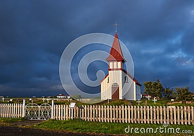 Akureyjarkirkja church and grave yard on the South Coast of Iceland Editorial Stock Photo