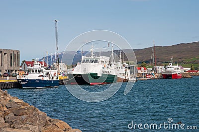 Whale safari boats in port of Akureyri Editorial Stock Photo
