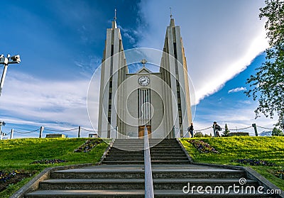 Akureyri, Iceland - Steps up to to the Akureyrarkirkja Lutheran church Editorial Stock Photo