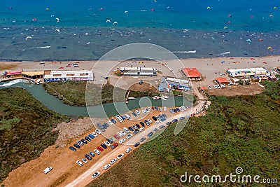 Akyaka, Mugla Province, Turkey - 06 2 2021: Akyaka Mugla Province, Ula Turkey kite surfing destination aerial view over the Editorial Stock Photo