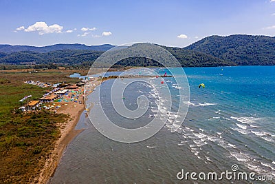 Akyaka, Mugla Province, Turkey - 06 2 2021: Akyaka Mugla Province, Ula Turkey kite surfing destination aerial view over the Editorial Stock Photo