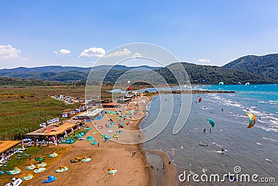 Akyaka, Mugla Province, Turkey - 06 2 2021: Akyaka Mugla Province, Ula Turkey kite surfing destination aerial view over the Editorial Stock Photo