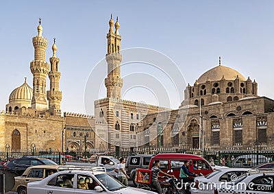 Al-Azhar University with, from left to right, minarets of the madrasa al-Aqbugha, Qaytbay, and al-Ghuri in Cairo. Editorial Stock Photo