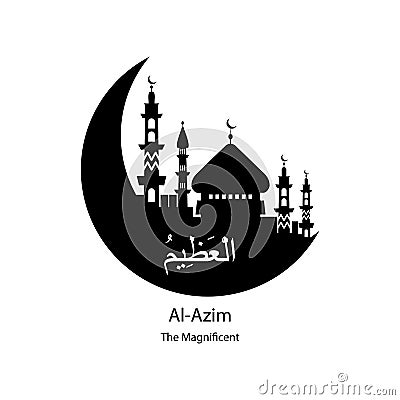 Al Azim Allah name in Arabic writing against of mosque illustration. Arabic Calligraphy. The name of Allah or the Name of God in t Cartoon Illustration