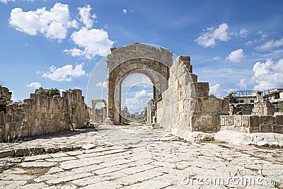 Al-Bass, Byzantine road with triumph arch in ruins of Tyre, Lebanon Stock Photo