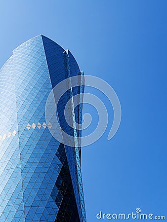 Al Bidda Tower against clear blue sky, closeup, copy space Stock Photo