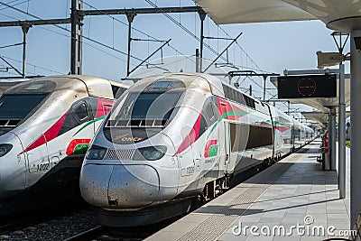 Al Boraq trains in Tangier railway station in Morocco Editorial Stock Photo