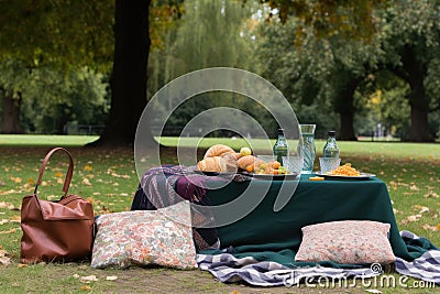 al fresco lunch in the park, with a bagged picnic and blanket Stock Photo