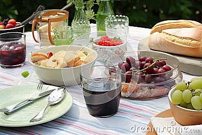 al fresco lunch picnic for two with tableware, glasses, and spreads Stock Photo