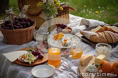 al fresco lunch picnic for two with tableware, glasses, and spreads Stock Photo
