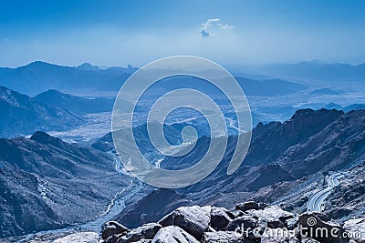 Al Hada Mountain in Taif City, Saudi Arabia with Beautiful View of Mountains and Al Hada road inbetween the mountains. Stock Photo