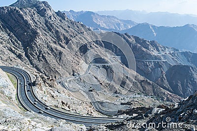 Al Hada Mountain in Taif City, Saudi Arabia with Beautiful View of Mountains and Al Hada road inbetween the mountains. Stock Photo