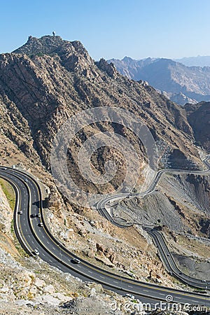 Al Hada Mountain in Taif City, Saudi Arabia with Beautiful View of Mountains and Al Hada road inbetween the mountains. Stock Photo