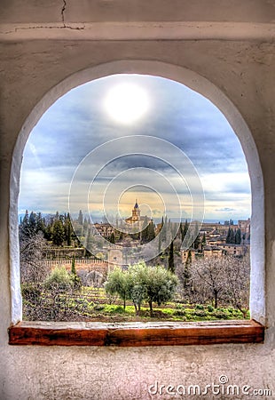 Al Hambra in Granada, Spain, as Seen through a Window at Generalife Stock Photo