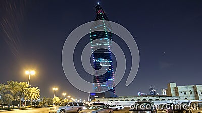 Al Tijaria Tower in Kuwait City night timelapse hyperlapse. Kuwait, Middle East Editorial Stock Photo