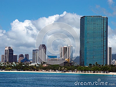 Ala Moana Beach Park with office building and condos in the back Stock Photo