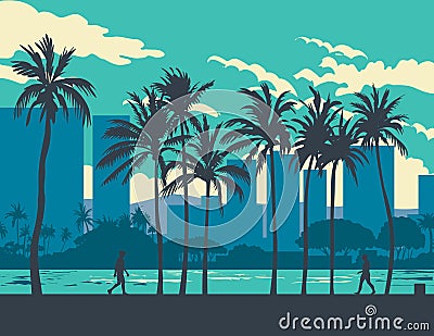 Ala Wai Canal with Cityscape in Waikiki District Honolulu Hawaii WPA Poster Art Vector Illustration