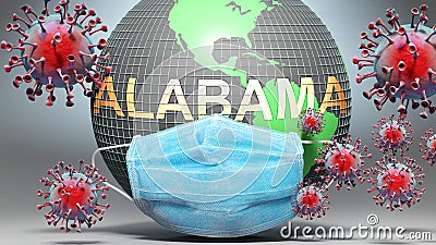 Alabama and covid - Earth globe protected with a blue mask against attacking corona viruses to show the relation between Alabama Cartoon Illustration