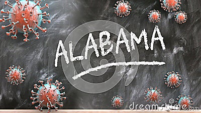 Alabama and covid virus - pandemic turmoil and Alabama pictured as corona viruses attacking a school blackboard with a written Cartoon Illustration