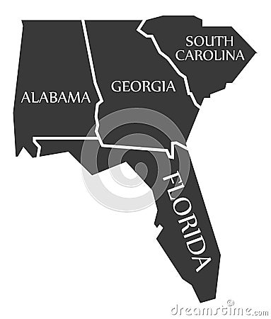 Alabama - Georgia - South Carolina - Florida Map labelled black Cartoon Illustration
