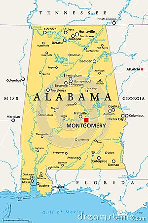 Alabama, AL, political map, US state, nicknamed The Yellowhammer State Vector Illustration