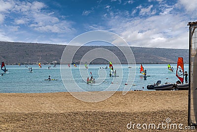 Alacati, Izmir, Turkey - August 25 2021: Panoramic view of Alacati is famous for wind and kite surfing Editorial Stock Photo