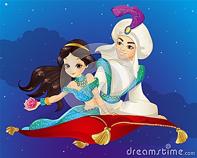 Aladdin On Flying Carpet At Night Vector Illustration