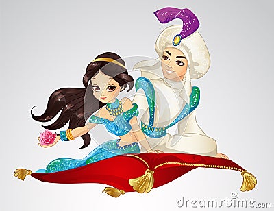 Aladdin And Princess On Flying Carpet Vector Illustration