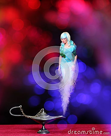 Aladdin's Lamp with Genie and Colorful Bokeh Stock Photo