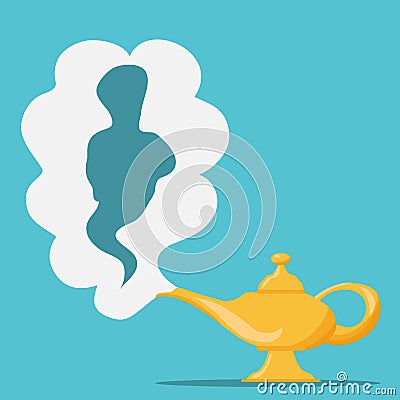 Aladdin`s Magic Lamp. Vector genie magic aladdin lamp with white smoke as a copy-space. Stock Photo