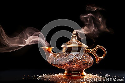 Aladdins mysterious lamp with glowing fire and smoke on a dark magical background Stock Photo