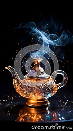 Aladdins mysterious lamp with glowing fire and smoke on a dark magical background, vertical format Stock Photo