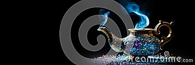 Aladdins mysterious lamp with glowing fire and smoke on a dark magical banner Stock Photo