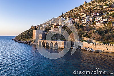 Alanya, Old shipyard and Alanya Castle. Stock Photo