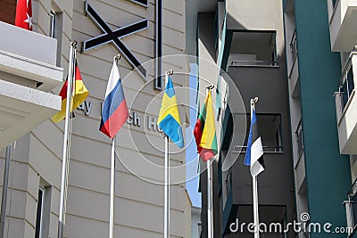 Alanya, Turkey, July 2017: flags of European countries on flagpoles Editorial Stock Photo