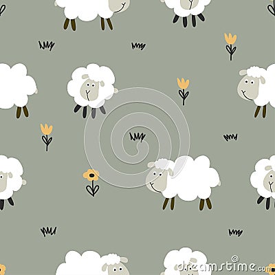 Little lamb / sheep pattern - funny hand drawn doodle, seamless pattern. Vector Illustration