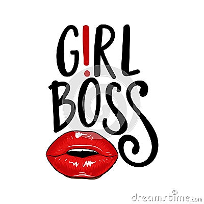 Girl Boss text with sexy red lips. Vector Illustration