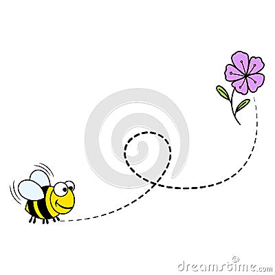 Cartoon bee flying on a dotted route Stock Photo