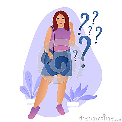 Young beautiful woman thinking and standing by question marks. Vector Illustration