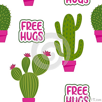 Cute tropical cactus seamless pattern background with free hugs message Vector Illustration