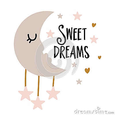 Sweet dreams - cute moon decoration. Vector Illustration