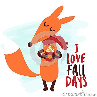 I love fall days - Hand drawn vector illustration with cute fox Vector Illustration