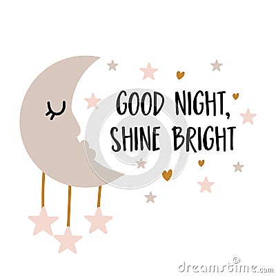 Good night, shine bright - cute moon decoration. Vector Illustration