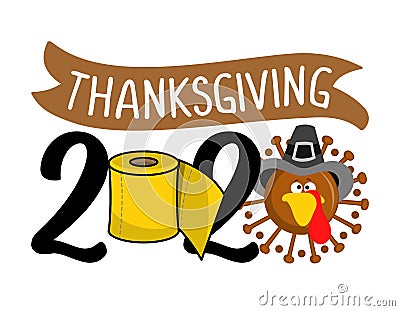 Thanksgiving 2020 quarantine face mask Turkey cute Coronavirus and yellow toilet paper Vector Illustration