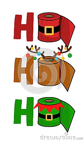 Ho Ho Ho - Merry Christmas 2020 Quarantine, Cartoon doodle drawing toilet papers in Santa and Elf costume and with reindeer antler Vector Illustration