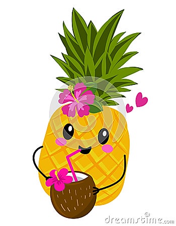 Cute pineapple fruit with coconut cocktail. Vector Illustration