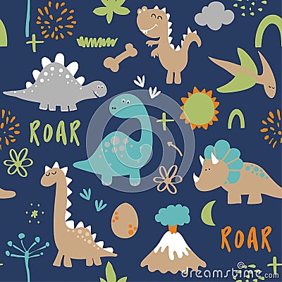 Dino friends. Funny cartoon dinosaurs, bones, and eggs. Cute t rex, characters. Vector Illustration