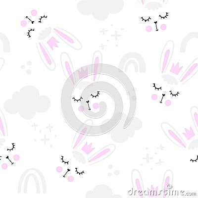 Bunny baby rabbit pattern design with bunny heads and cludy sky Vector Illustration