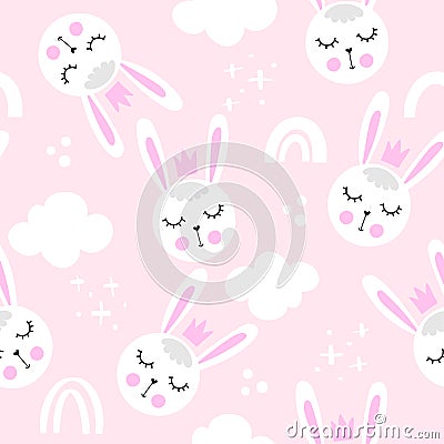 Bunny baby rabbit pattern design with bunny heads and cludy sky Vector Illustration